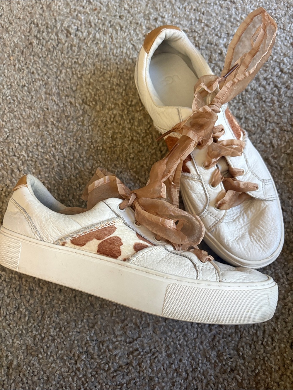 Ugg white Leather Women’s Sneakers with cow print hair and Ribbon Laces